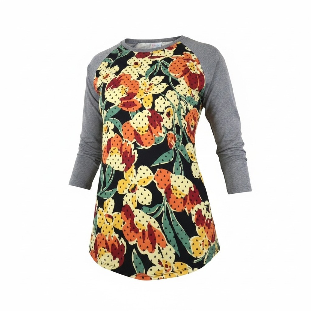 LuLaRoe Randy Baseball Tee Womens Medium‎ Floral Raglan 3/4 Sleeve Grey Multi